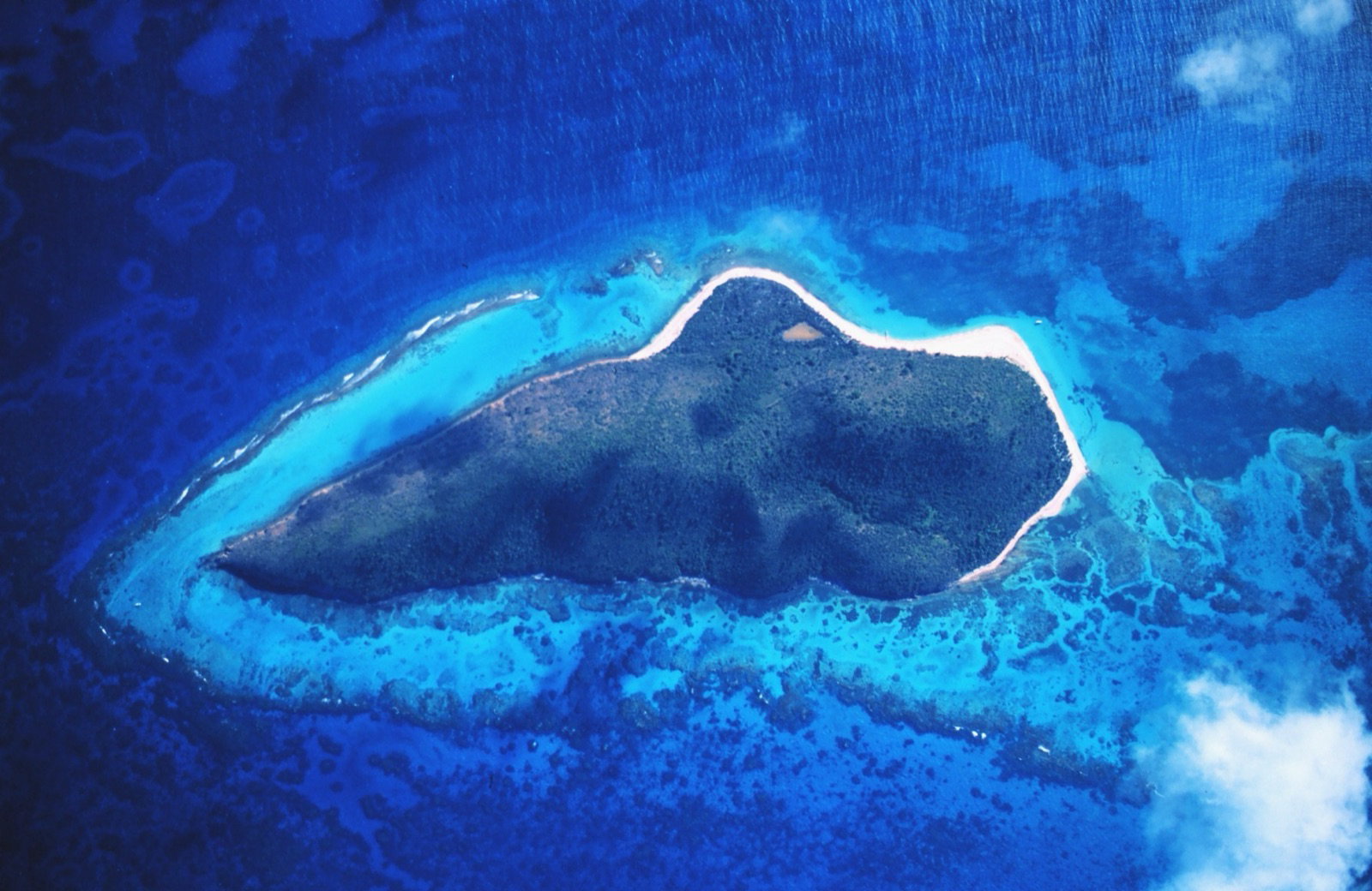 Aerial view of Buck Island ringed by reef and a white sand spit in deep blue water