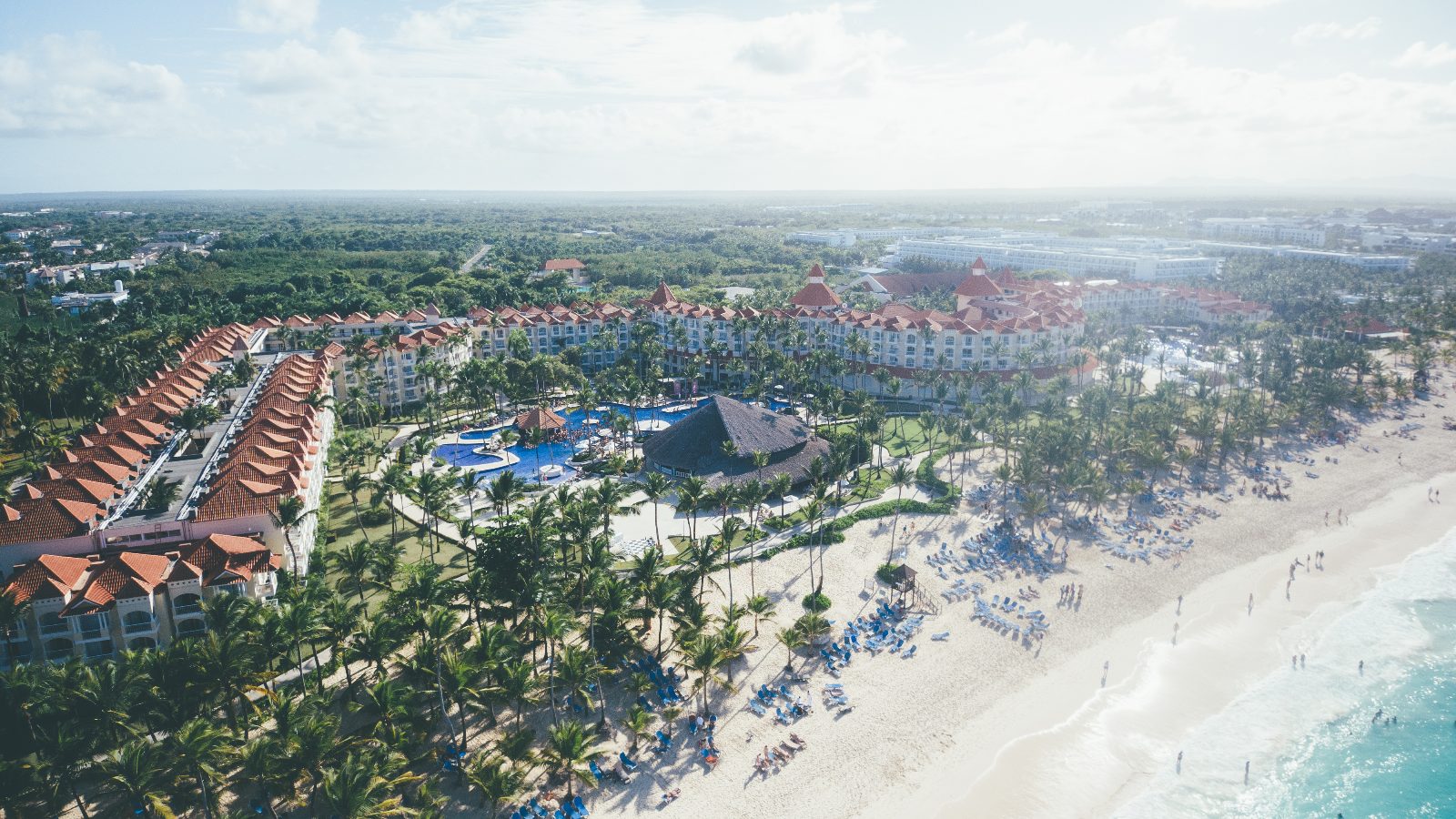 Aerial view of a Punta Cana resort and its palm-lined beach